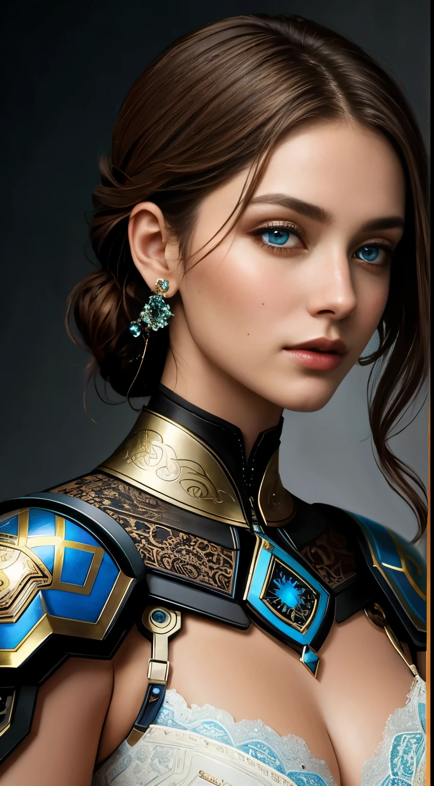 8k portrait of beautiful cyborg with brown hair,iintricate,ellegance,Highly meticulous,captivating blue eyes,A majestic,Digital photography,The artistic germination and art of Ruan Jia and Greg Rutkovsky Surrealist painting lace,brokenglass,(tmasterpiece,Sideslit,exquisite and beautiful eyes:1.2 ), Human Development Report,