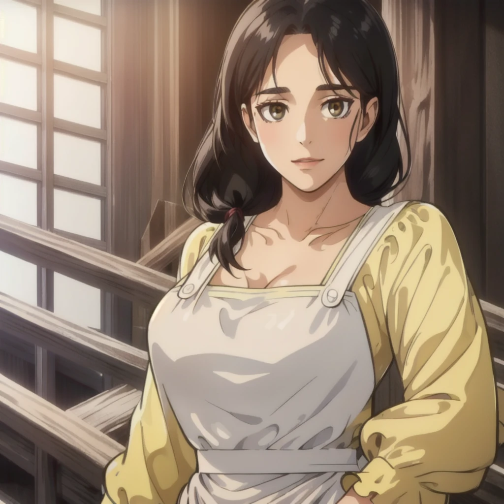 (day:1.7),next to a building with a window and a railing in the background,
Standing at attention,
Yellow Shirt,cleavage, collarbone, long sleeves,White apron,
black eyes,  brown eyes, Bangs, single braid, 
1 girl, 20yo,Young female,Beautiful Finger,Beautiful long legs,Beautiful body,Beautiful Nose,Beautiful character design, perfect eyes, perfect face,expressive eyes,
looking at viewer, in the center of the image,(Upper_body),(close-Up),(Focus on her face),
official art,extremely detailed CG unity 8k wallpaper, perfect lighting,Colorful, Bright_Front_face_Lighting,shiny skin, 
(masterpiece:1.0),(best_quality:1.0), ultra high res,4K,ultra-detailed,
photography, 8K, HDR, highres, absurdres:1.2, Kodak portra 400, film grain, blurry background, bokeh:1.2, lens flare, (vibrant_color:1.2)
(Beautiful,large_Breasts:1.4), (beautiful_face:1.5),(narrow_waist),