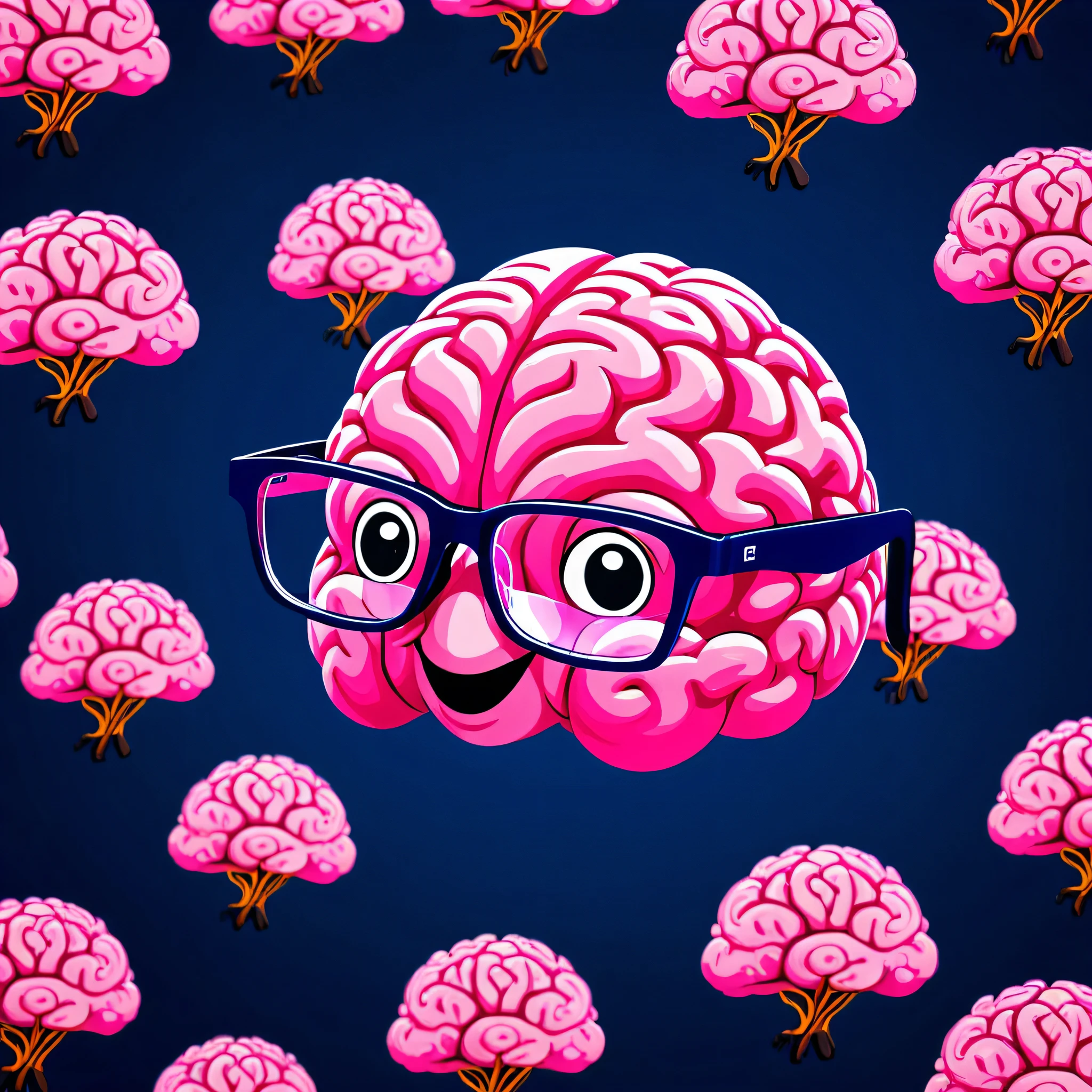 Brain with glasses, mazg liveries in the air, glasses, Best quality, Dark blue background, nice background color, pink brain,