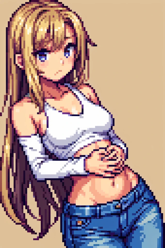 ((best quality)), ((masterpiece)), (ultra high details), perfect face, tan skin anime girl in a deep V Neck top, (bare shoulders), (jeans trousers), famished in hunger, (gently resting hands on stomach), (long hair), (hands on her stomach), (embarrassed expression)