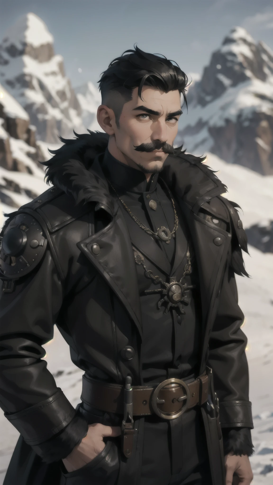 steampunk man, short hair, undercut, mustache, black fur coat, detailed face, early morning, snowy mountains, depth of field, blurry background
