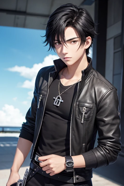 anime 18 year old man black hair and gray eyes, con una espada en la mano derecha y una pistola en la izquieda