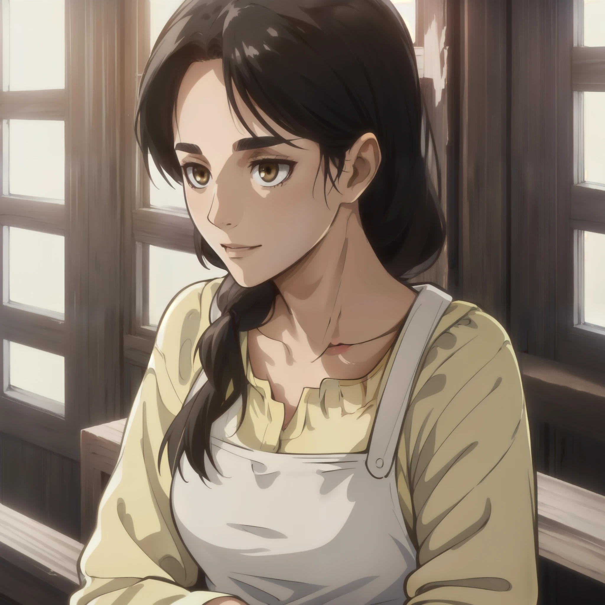 (day:1.7),next to a building with a window and a railing in the background,
Standing at attention,
Yellow Shirt,cleavage, collarbone, long sleeves,White apron,
black eyes, brown eyes, Bangs, single braid,
1 girl, 20yo,Young female,Beautiful Finger,Beautiful long legs,Beautiful body,Beautiful Nose,Beautiful character design, perfect eyes, perfect face,expressive eyes,
looking at viewer, in the center of the image,(Upper_body),(close-Up),(Focus on her face),
official art,extremely detailed CG unity 8k wallpaper, perfect lighting,Colorful, Bright_Front_face_Lighting,shiny skin,
(masterpiece:1.0),(best_quality:1.0), ultra high res,4K,ultra-detailed,
photography, 8K, HDR, highres, absurdres:1.2, Kodak portra 400, film grain, blurry background, bokeh:1.2, lens flare, (vibrant_color:1.2)
(Beautiful,large_Breasts:1.4), (beautiful_face:1.5),(narrow_waist),