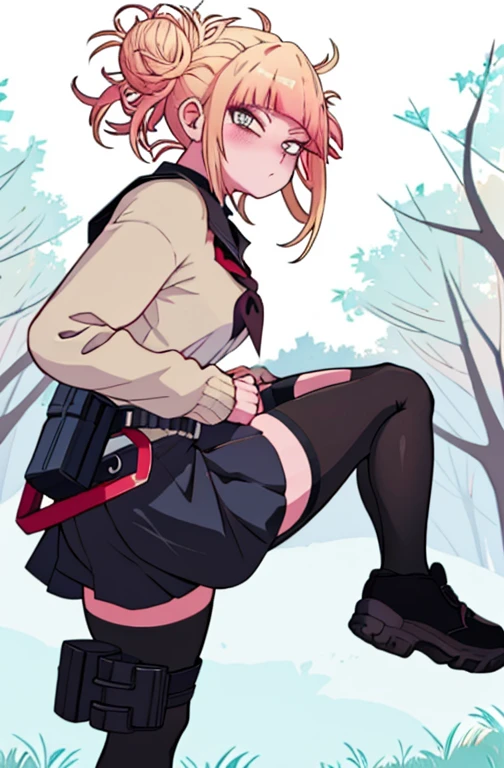 best quality, best animated, masterpiece, 8K-Illustration, perfect anime illustration, high quality, (detailed background:1.2), 1girl, solo, (full body),
ChopioTrainer, brown hair, ponytail, hair between eyes, blue eyes, (looking at viewer:1.3), outfit_1, black choker, cropped jacket, red jacket, short sleeves, black shirt, shirt tucked in, black shorts, grey belt, fingerless gloves, black gloves, black leggings, black sneakers,
forest, trees, under a tree, branch above, windy, blushing, scared,
suspension, arms behind back, bdsm, bondage, bound, cloth gag, (view from side), rope, shibari, (upper body leaning forward), bound wrists, high above ground, legs apart,  