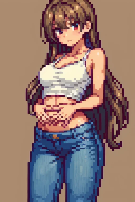 ((best quality)), ((masterpiece)), (ultra high details), perfect face, tan skin anime girl in a deep V Neck cami top, (jeans trousers), famished in hunger, (gently resting hands on stomach), (long hair), (hands on her stomach), (embarrassed expression)