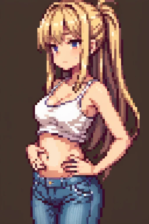 ((best quality)), ((masterpiece)), (ultra high details), perfect face, tan skin anime girl in a deep V Neck cami top, (jeans trousers), famished in hunger, (gently resting hands on stomach), (long hair), (hands on her stomach), (embarrassed expression)
