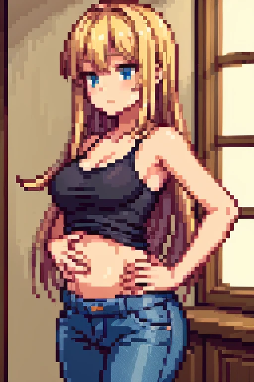 ((best quality)), ((masterpiece)), (ultra high details), perfect face, tan skin anime girl in a deep V Neck cami top, (jeans trousers), famished in hunger, (gently resting hands on stomach), (long hair), (hands on her stomach), (embarrassed expression)