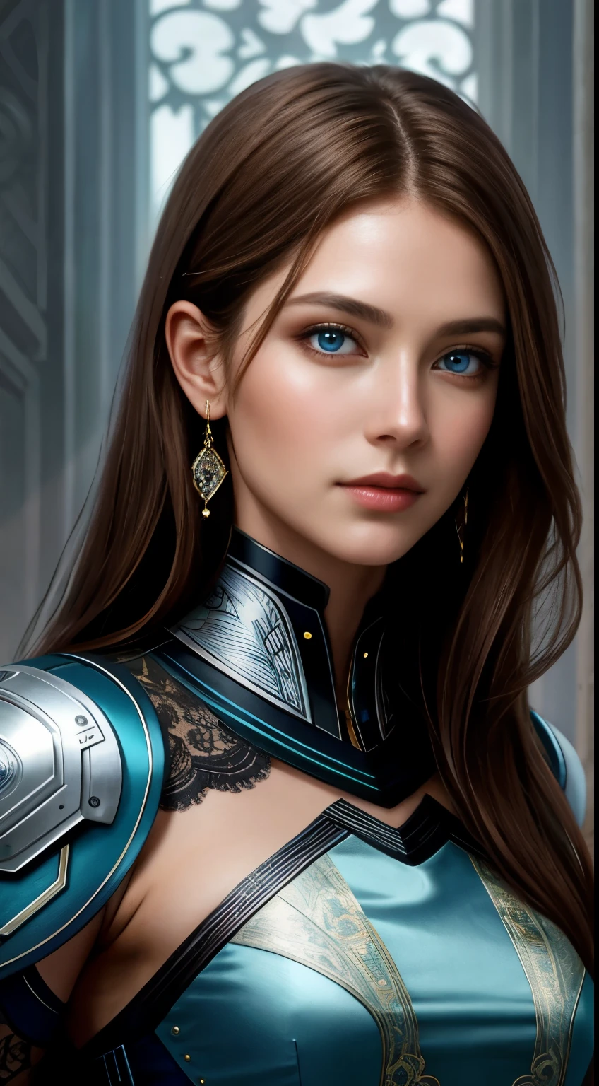 8k portrait of beautiful cyborg with brown hair，iintricate，ellegance，Highly meticulous，captivating blue eyes，A majestic，Digital photography，The artistic germination and art of Ruan Jia and Greg Rutkovsky Surrealist painting lace，brokenglass，（tmasterpiece，Sideslit，exquisite and beautiful eyes：1.2 ), Human Development Report,