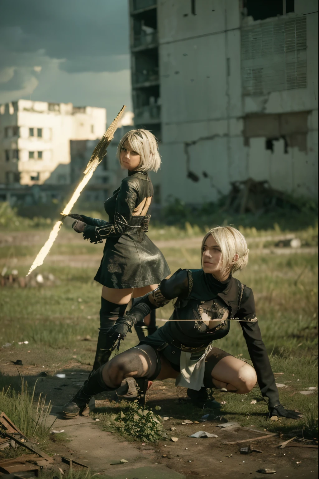 (Best quality, 8k, 32k, Masterpiece, UHD:1.2) Transform the setting of the picture into the "City Ruins" from Nier: Automata. Depict a desolate urban landscape overgrown with vegetation and littered with the remnants of civilization. Dilapidated buildings loom ominously in the background, their crumbling facades a stark contrast to the vibrant plant life reclaiming the streets. The atmosphere should be somber and melancholic, with shafts of sunlight breaking through the clouds to illuminate the scene in patches of soft golden light.