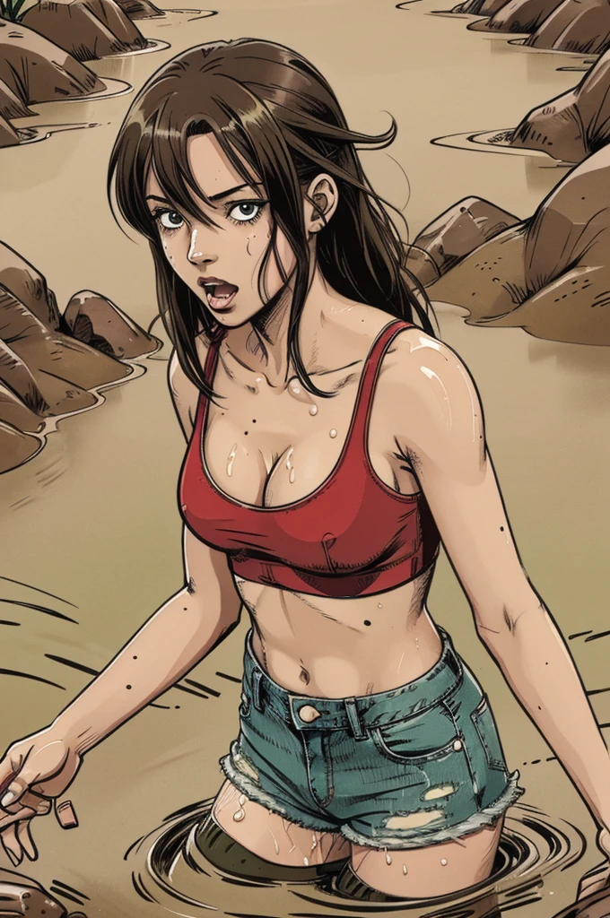 vector image, close-up, anime, junior girl, gloomy orgasm, crop-top, completely drowned in quicksand mud, green,red,denim shorts