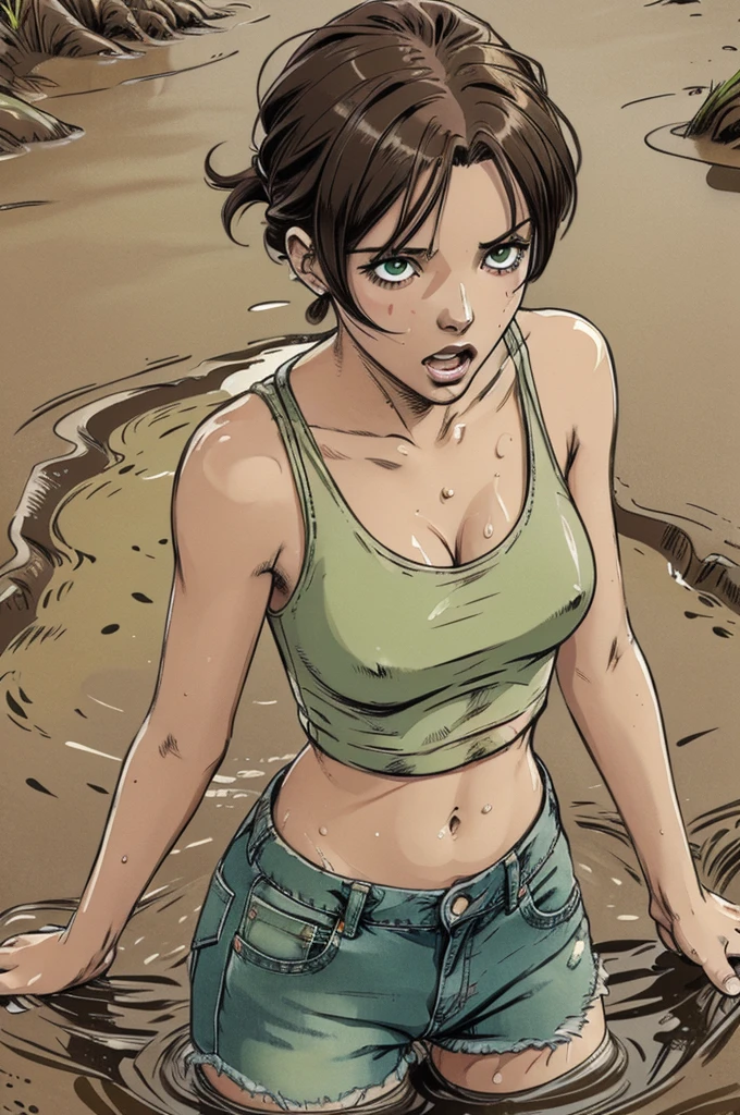 vector image, close-up, anime, junior girl, gloomy orgasm, crop-top, completely drowned in quicksand mud, green,red,denim shorts