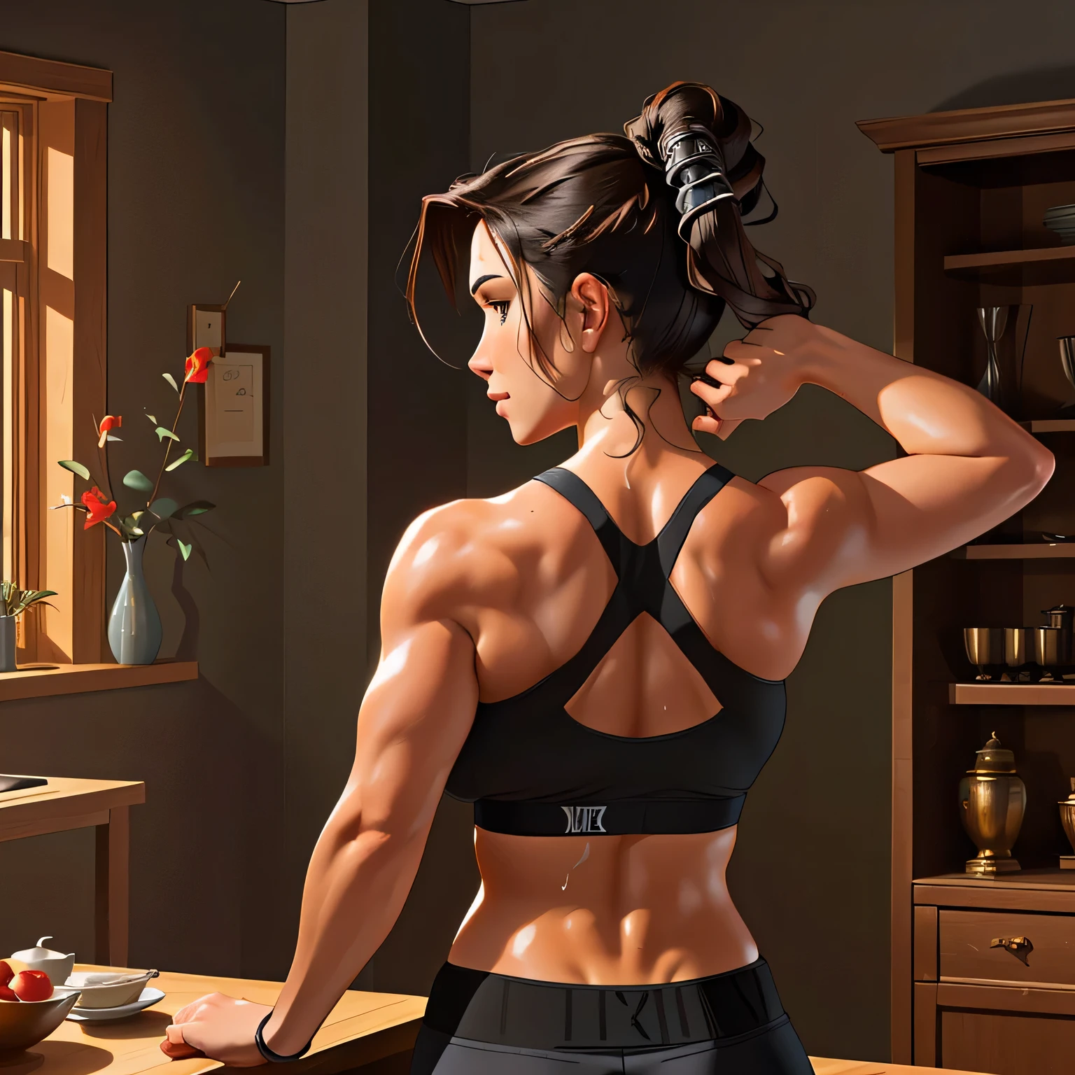 A woman stands in a dining room, facing away from the camera, wearing a gray sports bra and holding a remote control in her hand. back view, showing shoulder from behind, katanas strapped to back, 4k shot, partially cupped hands, lara croft muscle sweat, practicing her swords, flexing big muscles. She is looking at a device she holds in her other hand. The room has wooden cabinets and furniture, and on the counter there is a vase with red flowers.