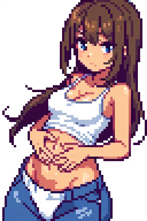 ((best quality)), ((masterpiece)), (ultra high details), perfect face, tan skin anime girl in a deep V Neck cami top, (jeans trousers), famished in hunger, (gently resting hands on stomach), (long hair), (hands on her stomach), (embarrassed expression)