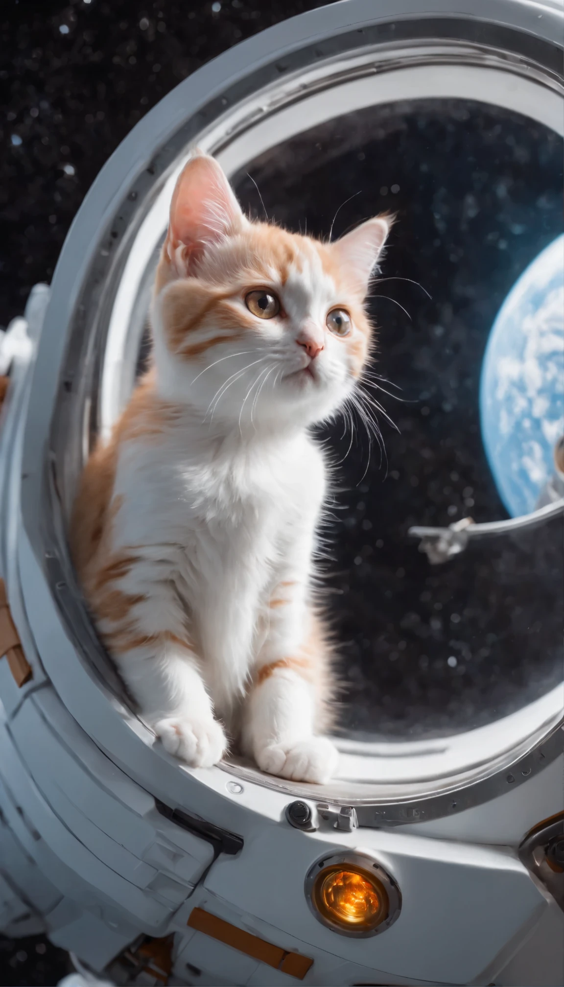 with high definition images,A scene from the Gundam movie,Anime-style illustration of a space boy and girl with a fluffy kitten。Official fan art of exploring the depths of space in a shiny spaceship。The boys and girls are dressed in suits decorated with stars and planets.、Eyes wide open in awe、Gazing at the starry sky。A little kitten dressed in an astronaut costume、He peers curiously out of the cockpit window.。Vibrant colors and fine details、With lightness and cuteness、Enhances the excitement of deep space exploration。The galaxy swirls around it in breathtaking cosmic beauty.。