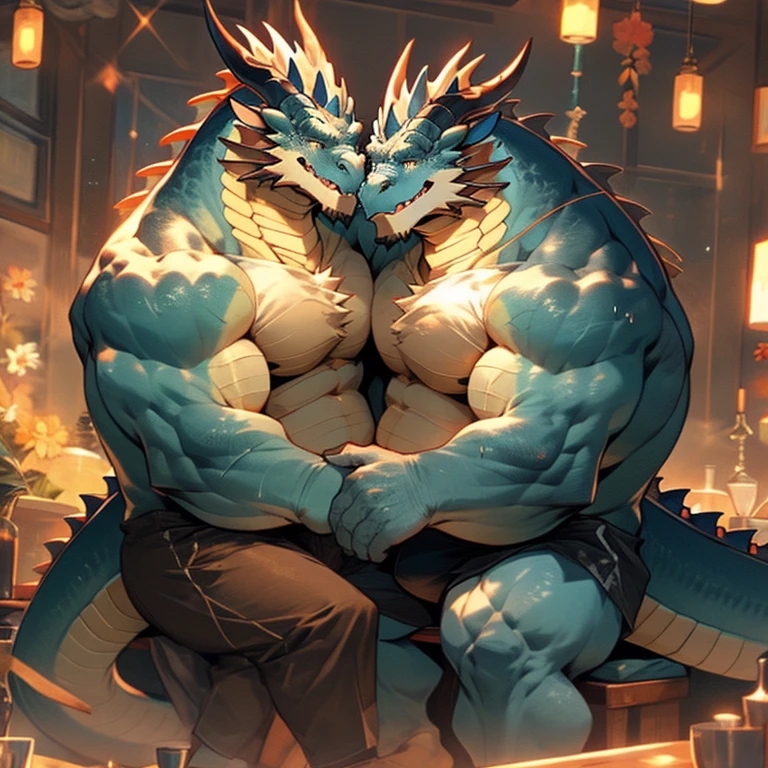A couple of 2 blue muscular dragons sitting in front of a dresser hugging and kissing like a loving couple, flexing there muscles and showing off theeit bulge and their big guts and his enormous chest, big fat huge enormous pecs, pecs are giant, pecs are enormous, wearing only black underwear. The dragons is sweating and has a warm and sexy expression on his face. The image is drawn in an anime style, with bright colors, light are on in the room. They are in a school bedroom at night with lights on sitting on their bed with a sexy pose admire there big and huge muscle and his big gut like they love on their each other. Thick tongue、mouth wide open、lots of drool、thick and long tail、thick twisted corners