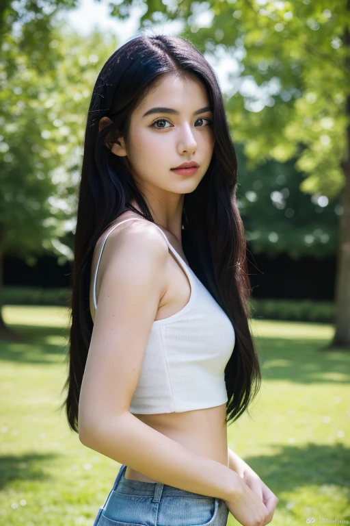 ( masterpiece, top quality, best quality,8k,17 years old girl,ultra detailed,raw photo:1.5),(photorealistic:1.4), (long black hair:1.5), (cinematic lighting), PerfectNwsjMajic, , Surrealism, UHD, ccurate, Super detail, textured skin, High detail, Best quality, dynamic angle, (high nose,White skin),[Beautiful blue eyes],[flat chest:large breasts:0.5],(1girl),(good anatomy:0.5)),(outside:1.5),