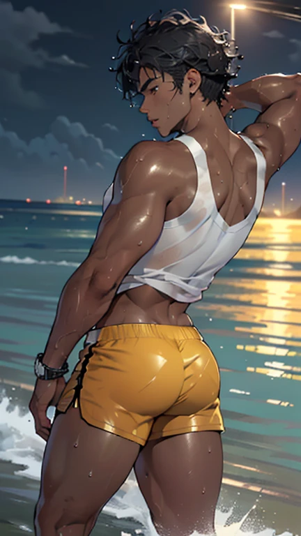 (((1 guy))),((extremely cute and beautiful boy)), watercolor, Peter Pan examines the buttocks of a 17-year-old Brazilian boy,(((big ass))),((curly hair,short hair))),(((tanned skin,shiny skin,very shiny body,plastic shiny skin,exaggerated ,lit skin,wet legs))),detailed body,cute,slutty,seductive,erotic,(((NFV))), revealing clothes,((rave mini shorts,white loose tank top)),((wet clothes,complicated outfit,complicated clothes)), (dynamic pose:1.0),embarrassed, by the ocean at night, dark storm clouds and puddles, landscape:1.25, (extremely detailed CG unity 8k wallpaper),( ((bright colors))),(complex background),(masterpiece),(Best quality)