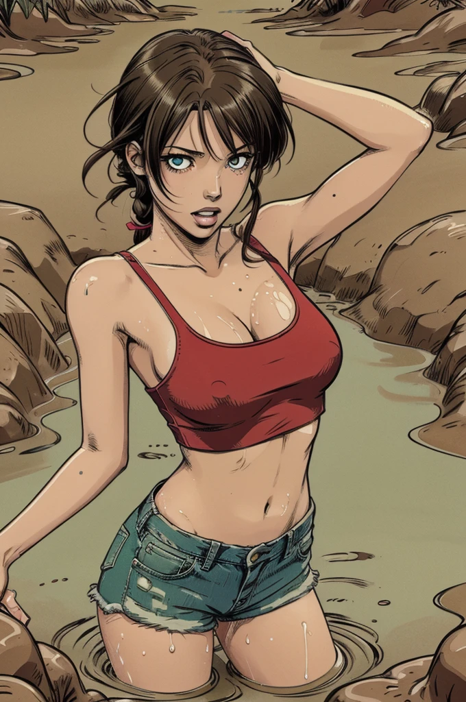 vector image, close-up, anime, junior girl, gloomy orgasm, crop-top, completely drowned in quicksand mud, green,red,denim shorts