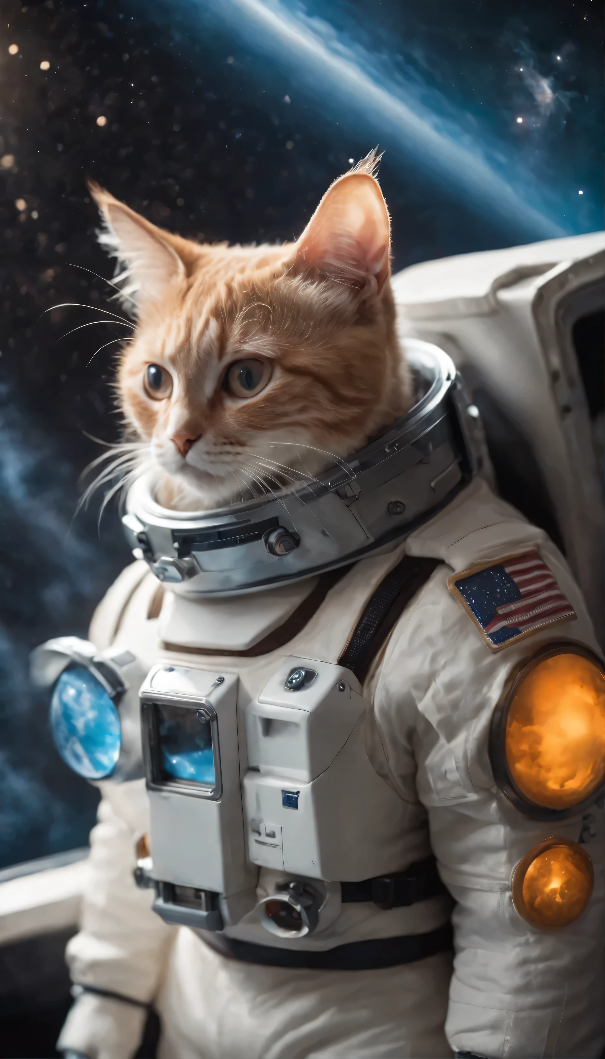 with high definition images,A scene from the Gundam movie,Anime-style illustration of a space boy and girl with a fluffy kitten。Official fan art of exploring the depths of space in a shiny spaceship。The boys and girls are dressed in suits decorated with stars and planets.、Eyes wide open in awe、Gazing at the starry sky。A little kitten dressed in an astronaut costume、He peers curiously out of the cockpit window.。Vibrant colors and fine details、With lightness and cuteness、Enhances the excitement of deep space exploration。The galaxy swirls around it in breathtaking cosmic beauty.。