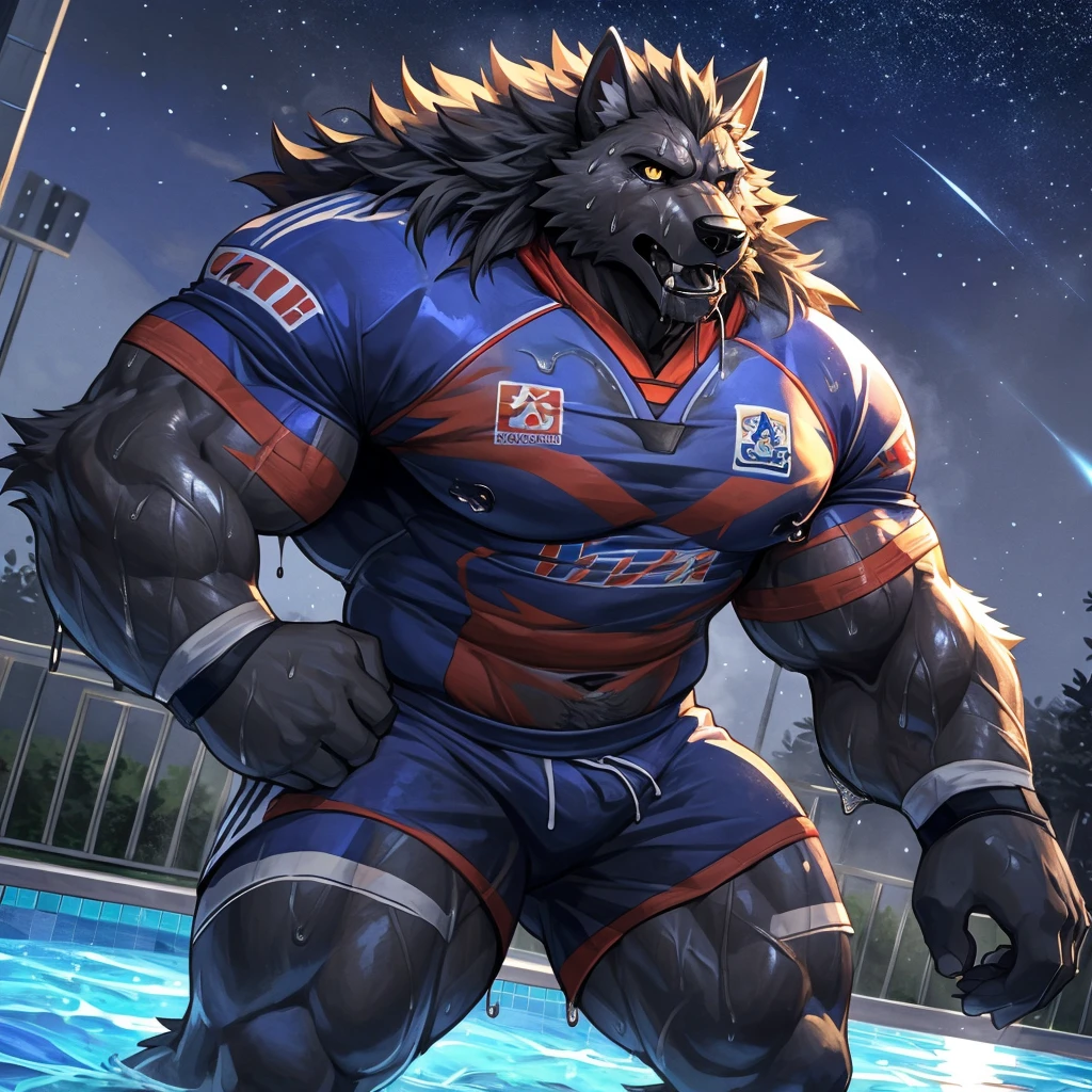 (highest quality:1.2), (masterpiece:1.2), anime, ultra detailed, angle from bottom
, Shaggy male black wolf, Black Wolf, great physique,Strong arms, manly, bodybuilder, (Fine veins:1.5), (luster:1.1)
, (Excessive sweating:1.7), (Sweat all over the body:1.7)
, Look up to the sky
, Fine grain, (ultra detailed eyes:1.4), black sclera, yellow pupil
, black tongue, A large amount of saliva, Tears dripping
, (rugby uniform:1.5)
,From null-ghost, (Poolside:1.1), The background is a forest, The lost city lights, end:night、in the starry sky