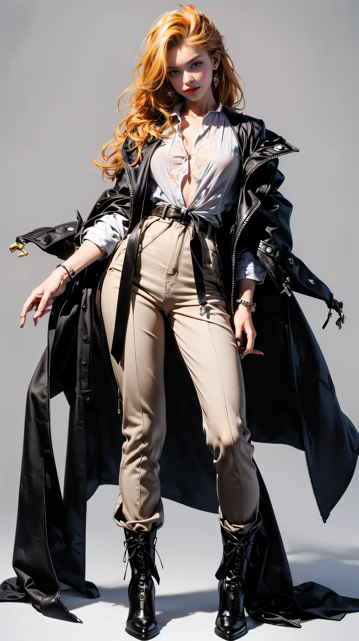 ((masterpiece,best quality,8k,highres)),((character concept art)), 1 female, young adult female , 26 years old, (tied up ginger hair), ginger hair, (fair skin colour), ultra finely detailed eyes (brown eyes colour), determined, strong will, charming, seductive, focus, smart, elegant, calm, friendly, perfect body build ((slim, athletic)), ((intricate detail)), super finely detailed hands, ultra finely detailed fingers(((ten fingers))), wearing luxury equestrian jacket pant and boots with slim fit polo shirt, (standing still), ((full body showcase)), ((show full body)), (no logos on background), (no logo), ((plain background)), ((plain background)), (((empty background)))