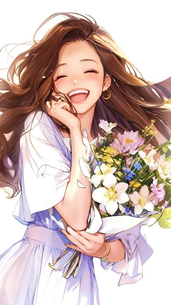 Anime girl with cofee in her hands,With a smile on his face, with flowers, Guviz, she expressing joy, beautiful and smiling, laughing sweetly, Lovely smile, with a beautifull smile, Middle metaverse, by Yang J, Happy and cheerful look, and she smiling,Very happy, Guviz-style artwork, brown hair and white shirt,