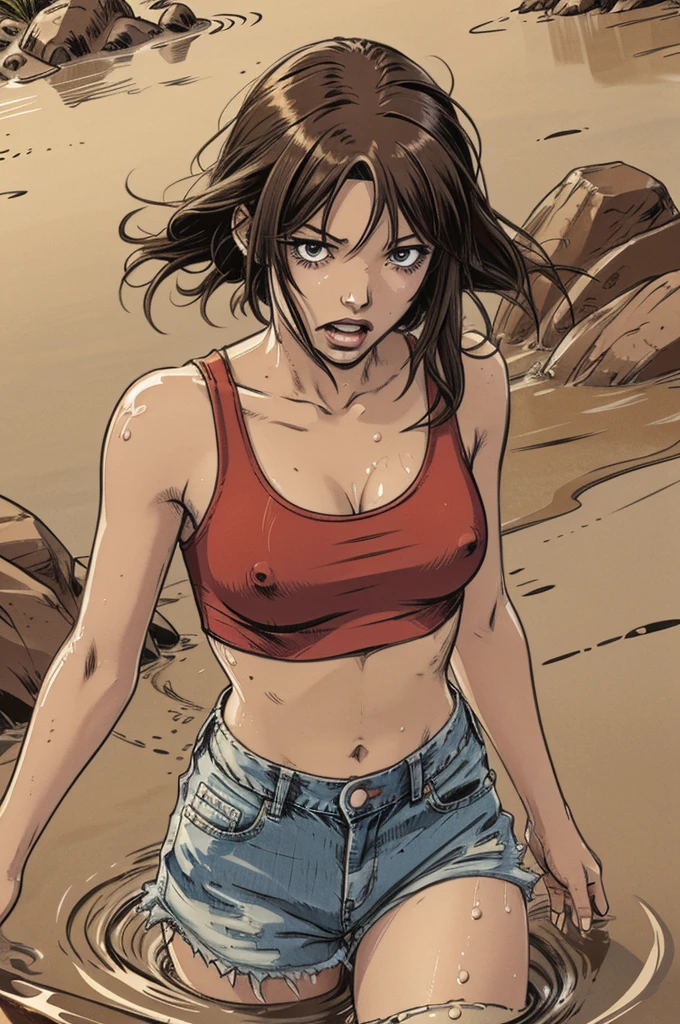 vector image, close-up, anime, junior girl, gloomy orgasm, crop-top, completely drowned in quicksand,red,denim shorts