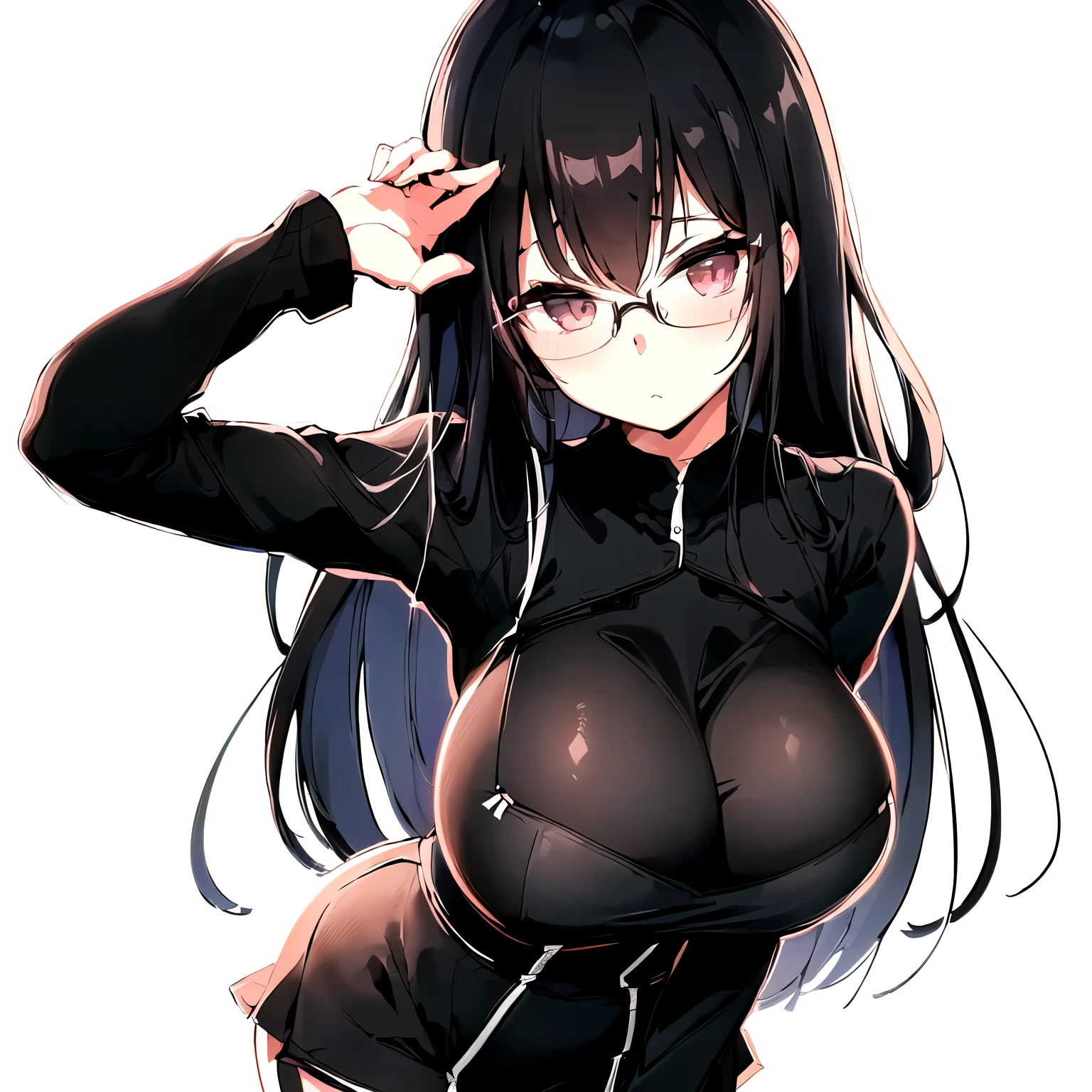 A picture with glasses、Drawing of woman wearing shirt, Thick black lines, Thick outlines, Clear anime silhouette, Thick outline, Thick lines, Thick lines艺术, Flat anime-style shadows, Thick outline, Anime Sketch, Line Drawing!!, Heavy shadows, Attractive anime girl, Posture with hands behind body!, Casual posture, , Anime Shadows)