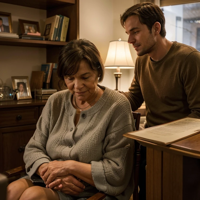 In the center of the image, an adult man is sitting next to his grandmother in a cozy living room. Grandma is sitting in a comfortable chair, with a blanket over her legs and a tender smile on her wrinkled face. The man is leaning towards her, carefully holding her hand tenderly as he speaks lovingly to her.
To one side of the image, in the background, you can see a desk with books and an open laptop, representing the studies that the man has left aside. The lights are off in that area, symbolizing that his attention and energy are devoted entirely to caring for his grandmother rather than his own educational aspirations.