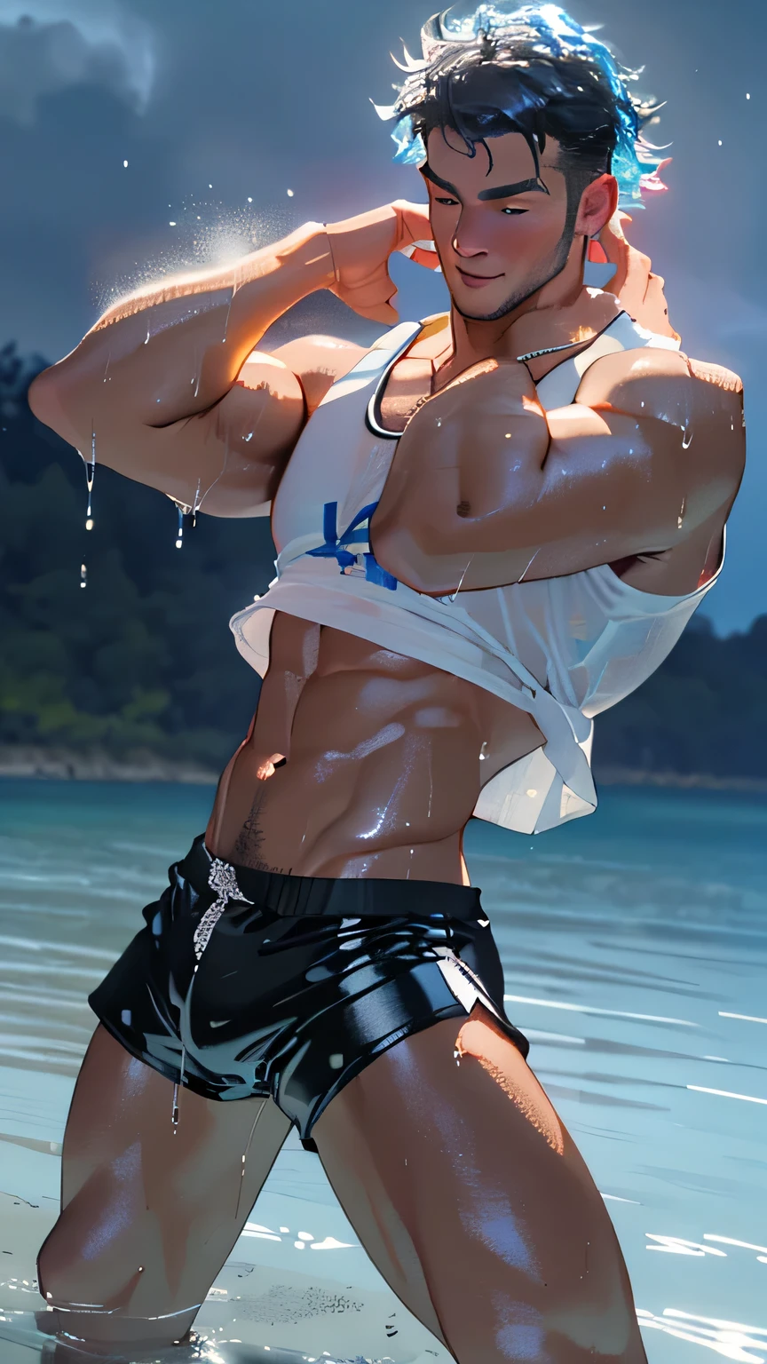 (((1 guy))),((extremely cute and beautiful boy)), watercolor, Peter Pan examines the buttocks of a -yeld Brlian boy,(((big ass))),((curly hair,short hair))),(((tanned skin,shiny skin,very shiny body,plastic shiny skin,exaggerated ,lit skin,wet legs))),detailed body,cute,slutty,seductive,erotic,(((NFV))), revealing clothes,((rave mini shorts,white loose tank top)),((wet clothes,complicated outfit,complicated clothes)), (dynamic pose:1.0),embarrassed, by the ocean at night, dark storm clouds and puddles, landscape:1.25, (extremely detailed CG unity 8k wallpaper),( ((bright colors))),(complex background),(masterpiece),(Best quality)