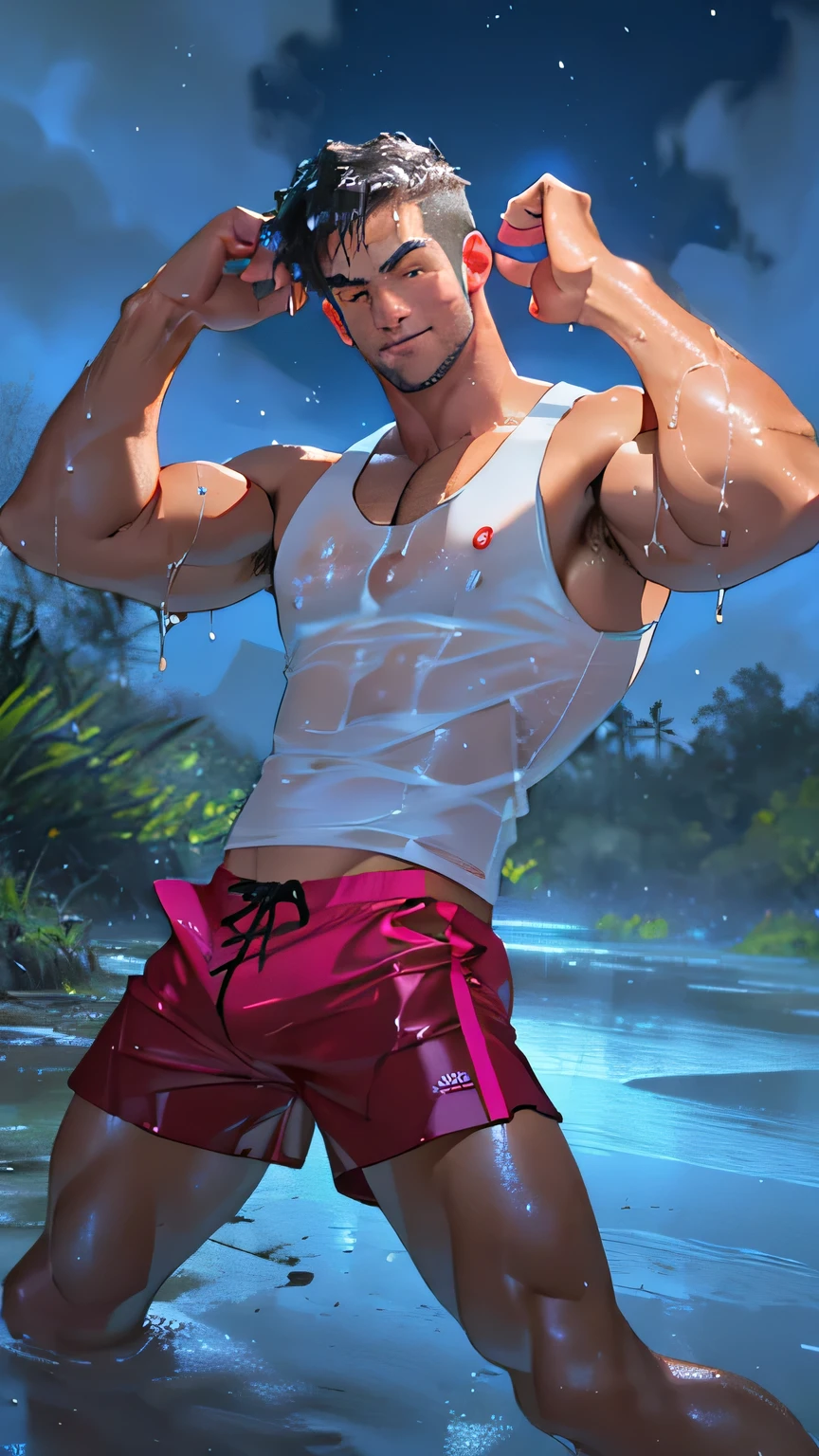(((1 guy))),((extremely cute and beautiful boy)), watercolor, Peter Pan examines the buttocks of a 17-year-old Brazilian boy,(((big ass))),((curly hair,short hair))),(((tanned skin,shiny skin,very shiny body,plastic shiny skin,exaggerated ,lit skin,wet legs))),detailed body,cute,slutty,seductive,erotic,(((NFV))), revealing clothes,((rave mini shorts,white loose tank top)),((wet clothes,complicated outfit,complicated clothes)), (dynamic pose:1.0),embarrassed, by the ocean at night, dark storm clouds and puddles, landscape:1.25, (extremely detailed CG unity 8k wallpaper),( ((bright colors))),(complex background),(masterpiece),(Best quality)
