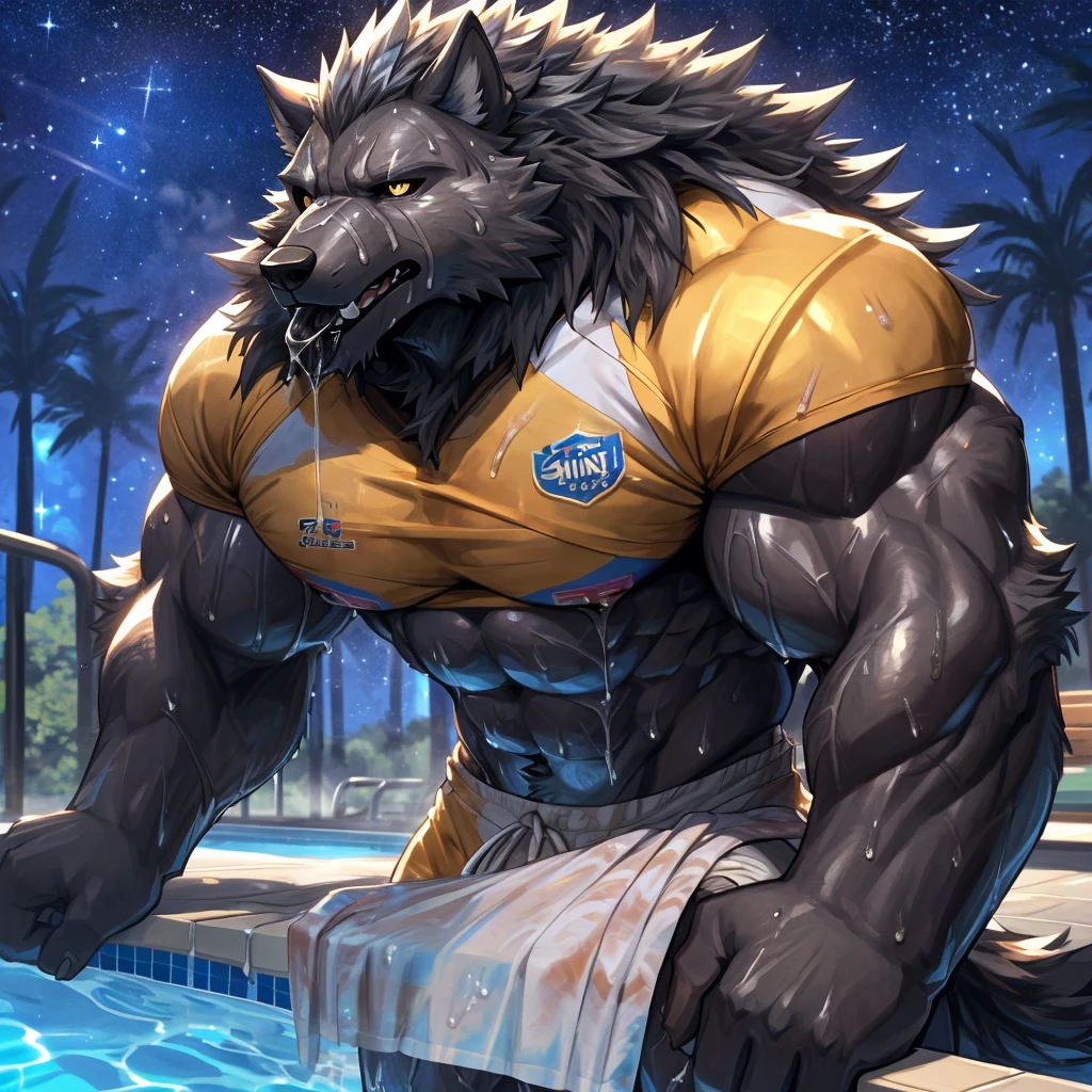 (highest quality:1.2), (masterpiece:1.2), anime, ultra detailed, angle from bottom
, Shaggy male black wolf, Black Wolf, great physique,Strong arms, manly, bodybuilder, (Fine veins:1.5), (shine:1.9)
, (Excessive sweating:1.7), (Sweat all over the body:1.7)
, Look up to the sky
, Fine grain, (ultra detailed eyes:1.4), black sclera, yellow pupil
, black tongue, A large amount of saliva, Tears dripping
, (rugby uniform:1.1), (tear cloth:1.5)
,From null-ghost, (Poolside:1.1), The background is a forest, The lost city lights, end:night、in the starry sky