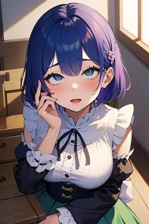 (masterpiece, highest quality, highest quality, Official Art, beautifully、aesthetic:1.2), (One girl),Upper Body, Very detailed,(Fractal Art:1.3),colorful,Most detailed, ichikanakano, ichika nakano, short hair, bangs, blue eyes, Hair between the eyes, Light blue hair, Ripping a skirt, shirt, , white shirt, Short sleeve, Pleated skirt, shoes, collared shirt, 裸feet, detailed feet, Toes, feet, sweater, Green Skirt, loafers, Waist clothes, BREAK Watch Viewers, Take a break indoors, classroom, pov from feet, (masterpiece:1.2), highest quality, High resolution, unity 8k wallpaper, (figure:0.8), (Beautiful fine details:1.6), Very detailed顔, Perfect lighting, Very detailedCG, (Perfect hands, Perfect Anatomy),