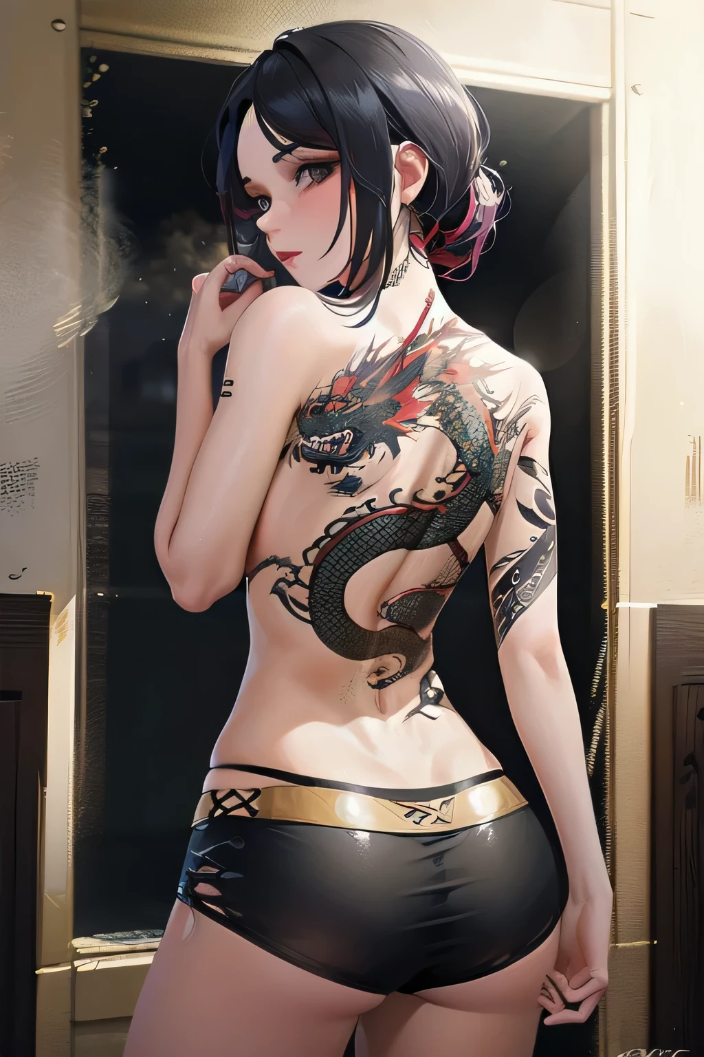 masterpiece, best quality, 1girl, dragon tattoo, back tattoo