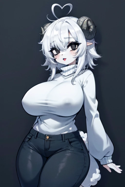 kenny \(kenashcorp\), 1girl, (sheep, sheep girl), furry, sheep ears, heart ahoge, animal nose, black and white fur, black arms, eyes makeup, black eyes, sheep tail, cheek heart, white poofy hair, white wool, simple background, dark background, white sweater, turtleneck, black cargo pants, huge breasts, thick thighs