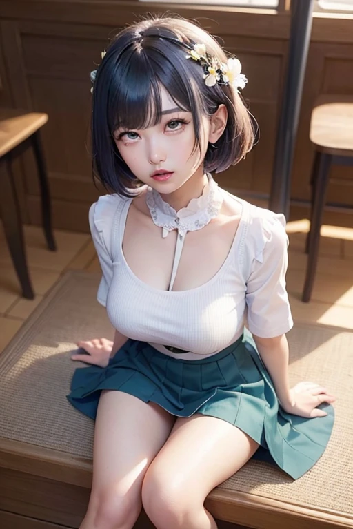 anime, Realistic anime style woman, (Aegyo Will: 1), 18 yo girl, (Gray blazer, ribbon, folded miniskirt, Socks, Private school uniform: 1.2), High school classroom, Beautiful detail in the eyes, (eye size : 3/4) Light on the face, ((Full body photo: 1.2)), Especially strong light, (top of the eyes, smiling smile: 1.2), shiny skin, (((black hair, Bob Hair: 1.2 ))), (thick thighs), ulzzang-6500-v1.1: 0.2, bashful, (Flash: 1.2), NSFW, (Puffed up), (((Seductive posture: 1.1, attractiveness: 1.2))), ( Idle), (Sitting at a desk in the classroom: 1.2)), ((good anatomy: 1.2)), ((Bright and refreshing classroom, blurred background: 1.2)), Perfect face, Cute and symmetrical face, (High angle photo: 1.2 )s., Natural side lighting, ((8k, RAW Photos, Max Quality, Masterpieces), High-definition RAW color photos, Professional close-up photos, (realistic, Photorealism: 1.37), (highest qualityr) , (Best shadows), (Best illustrations), Clavicles ((big size ass)), ((erotic, sexy, ultrahigh resolution, HD 8K unified CG wallpapers, Physical representation, movie lighting), Canon EOS R50 Camera, 50mm lens,((((100% nude))))