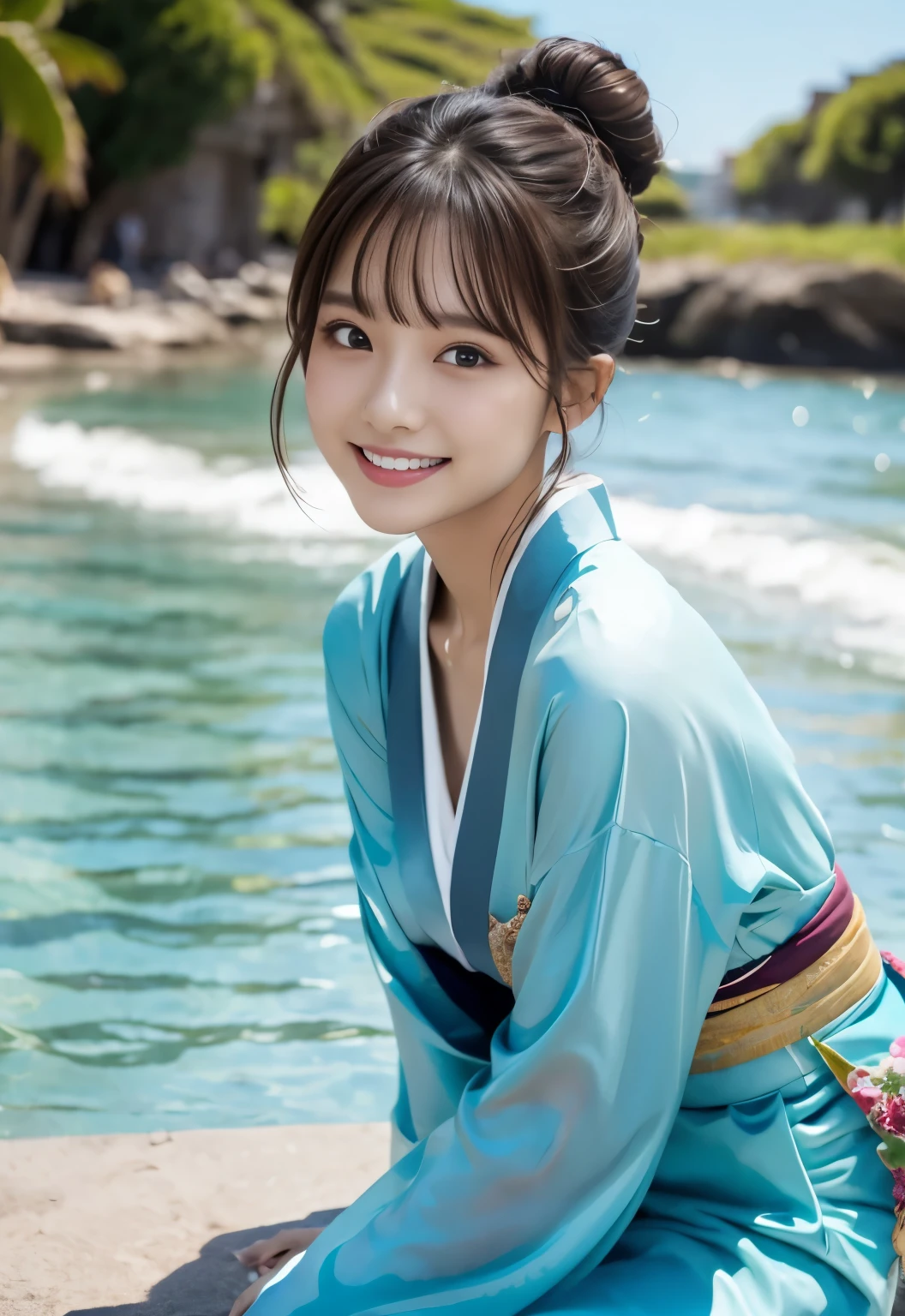 masterpiece, best quality:1.1), (8k, raw photo, photo realistic:1.2, f22), (shiny skin), detailed skin,Bun Hair,detailed face, detailed eyes,smile,BREAK, real world, intricate details, smil, BREAK, 1girl, full body,(kimono)BREAK, (Ocean:1.4)