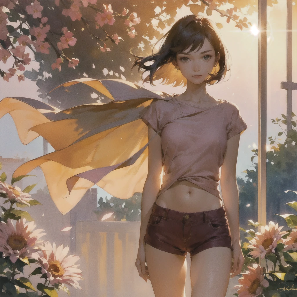 Exquisite, slender, delicate girl of 16 years old with a perfect gentle face of the southern type ((with short burgundy hair)) with freckles with a ruby earring in the rays of the rising sun, naked with tender breasts with pink nipples (barefoot) ((in an unbuttoned pink T-shirt over his naked body and short burgundy shorts)) (on the veranda in the garden) Drinks (coffee) and looks at the flowers, in watercolor style, discreet light shades, Flares, imitation of film photography, against the sun, a lot of sun glare, light fills the frame, High image quality, Maximum detail, sunset lighting, Warm evening shades, warm golden and olive sunset light, big space eyes