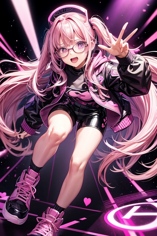 Melissa Shield my hero academy is a young girl with pink hair with purple long loose hair with pink heart-shaped glasses pop star rock clothing black jacket with pink hearts black latex pants black tennis shoes with pink heart print holding an electronic piano in the shape of guitar with purple keyboard with black while singing on a background of a stage with multiple musical notes heart-shaped glasses on the head