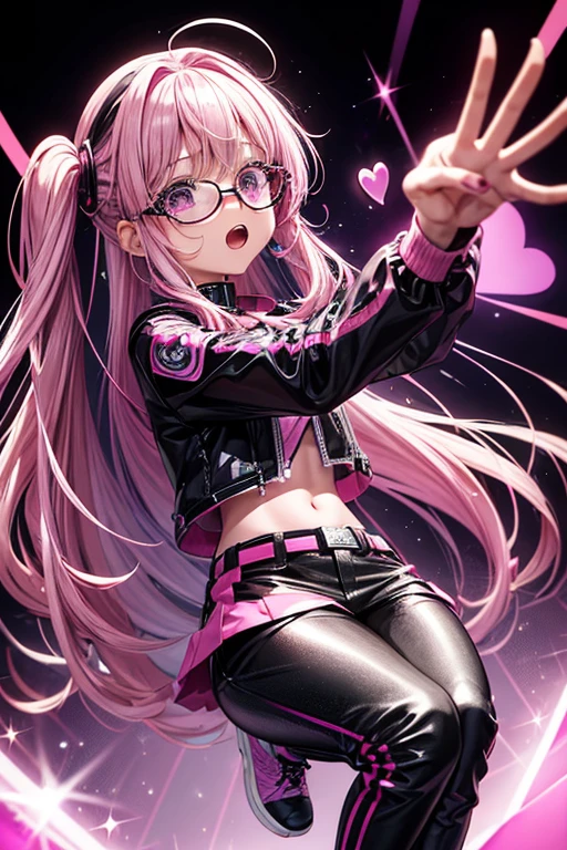 Melissa Shield my hero academy is a young girl with pink hair with purple long loose hair with pink heart-shaped glasses pop star rock clothing black jacket with pink hearts black latex pants black tennis shoes with pink heart print holding an electronic piano in the shape of guitar with purple keyboard with black while singing on a background of a stage with multiple musical notes heart-shaped glasses on the head 
