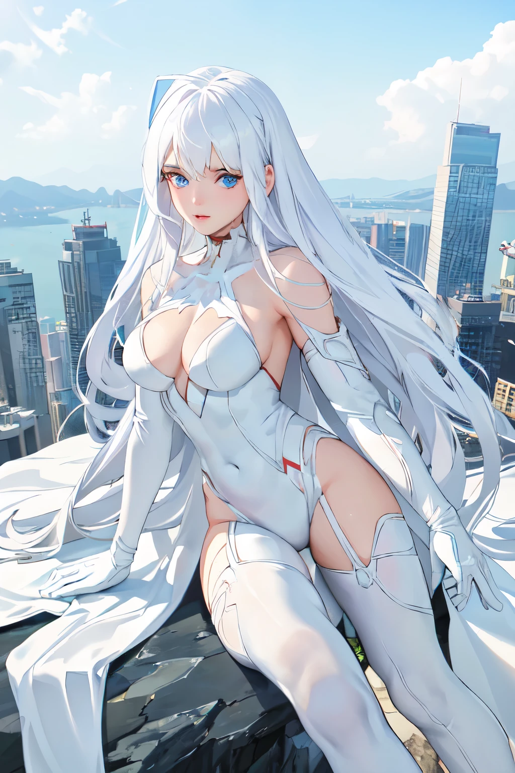 (masterpiece, 4K resolution, Ultra-realistic, Very detailed), (White costume superhero theme, Charismatic, Girl on top of the city, Wearing a white Spiderman costume, Super Heroine), [((23 years old), (Long white hair:1.2), whole body, (blue eyes:1.2), (Spiderman&#39;s Dynamic Pose) ((shortage々New urban environment):0.8)| (Cityscape, at night, Dynamic Light), (full moon))]