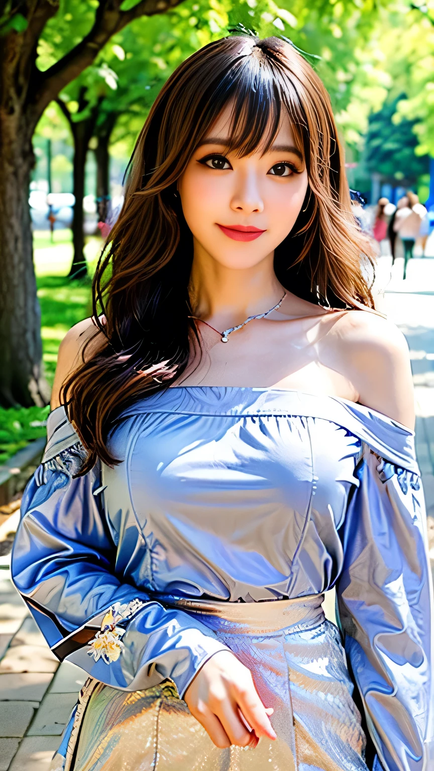 Full body camera angle、((highest quality、8K、Masterpiece: 1.3))、concentrate: 1.2、Cute Girl 1、Nipple erection、Perfect beauty: 1.4、Colorful off-the-shoulder T-shirtini skirt: 1.2、Long sleeve、Randall Color、Comics&Text Graphics、Black ruffle trim drawstring zip blouse、1.1、Highly detailed face and skin textures、fine grain、double eyelid、Whitening skin、highest quality、Ultra-high resolution、you、One girl、one person、_Shiny skin、Iris、necklace、Full body angle、walk in the park、 ((Brown_length_Wavy_hair)),(lips))、eyelash、bangs、process、Compensation、Shine、pores、Skin type、Big Breasts、smile、lively、Selfie