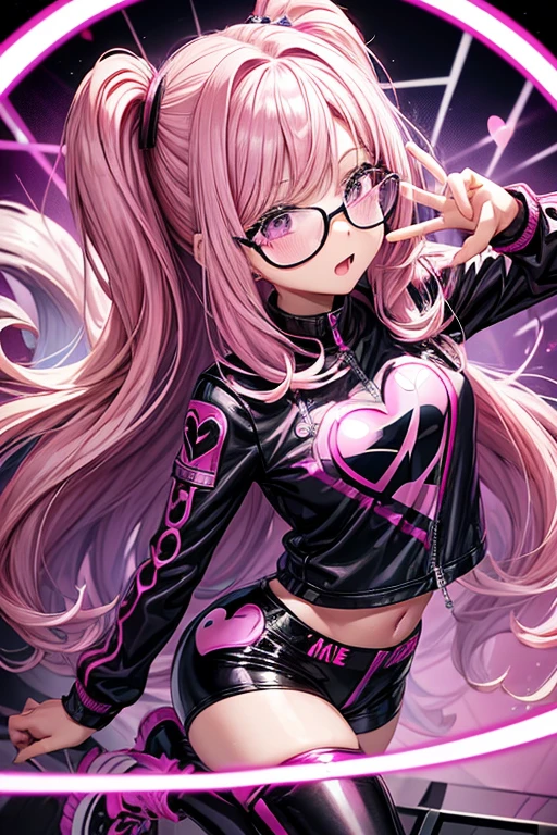 Melissa Shield my hero academy is a young girl with pink hair with purple long loose hair with pink heart-shaped glasses pop star rock clothing black jacket with pink hearts black latex pants black tennis shoes with pink heart print holding an electronic piano in the shape of guitar with purple keyboard with black while singing on a background of a stage with multiple musical notes heart-shaped glasses on the head