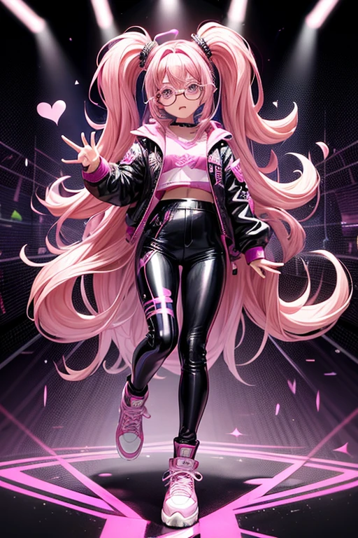 Melissa Shield my hero academy is a young girl with pink hair with purple long loose hair with pink heart-shaped glasses pop star rock clothing black jacket with pink hearts black latex pants black tennis shoes with pink heart print holding an electronic piano in the shape of guitar with purple keyboard with black while singing on a background of a stage with multiple musical notes heart-shaped glasses on the head