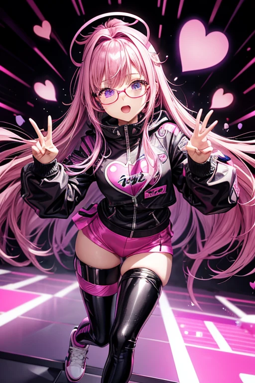 Melissa Shield my hero academy is a young girl with pink hair with purple long loose hair with pink heart-shaped glasses pop star rock clothing black jacket with pink hearts black latex pants black tennis shoes with pink heart print holding an electronic piano in the shape of guitar with purple keyboard with black while singing on a background of a stage with multiple musical notes heart-shaped glasses on the head 