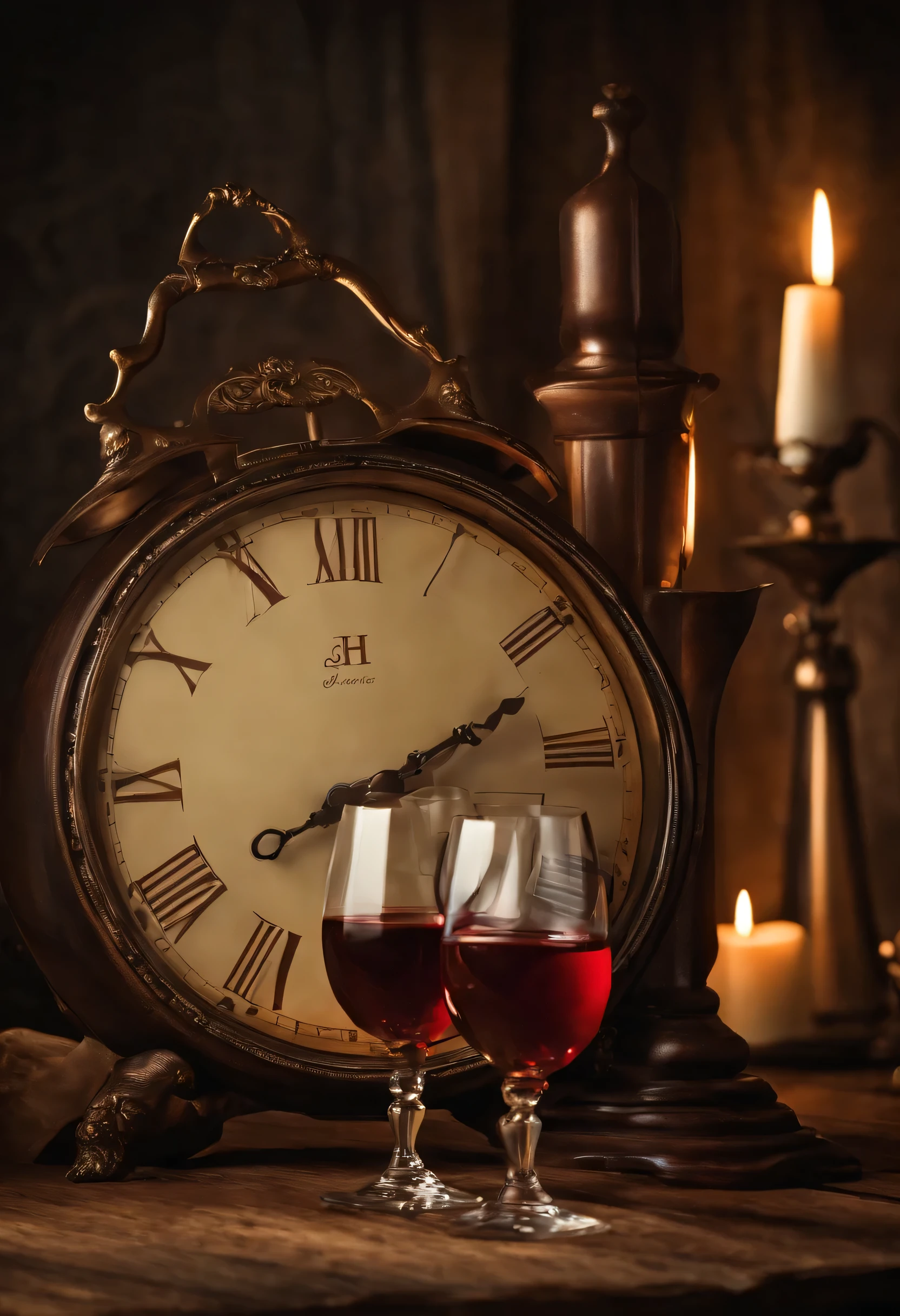Hombre y mujer, a clock with the letter H instead of numbers, una flecha a la letra G, copas de vino.