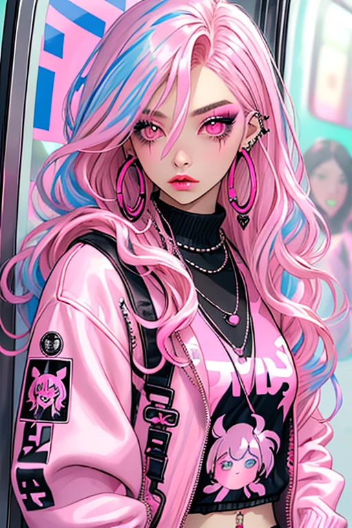 Niji Style, 1girl, solo, long hair, jewelry, jacket, pink hair, earrings, pink iris, necklace, sweater, eyelashes, makeup, wavy hair, piercing, lipstick, ear piercing, eyeshadow, hoop earrings, multicolored eyes, rebellious pink theme, pink eyeshadow, (background: subway), from side, looking at viewer, full shot
