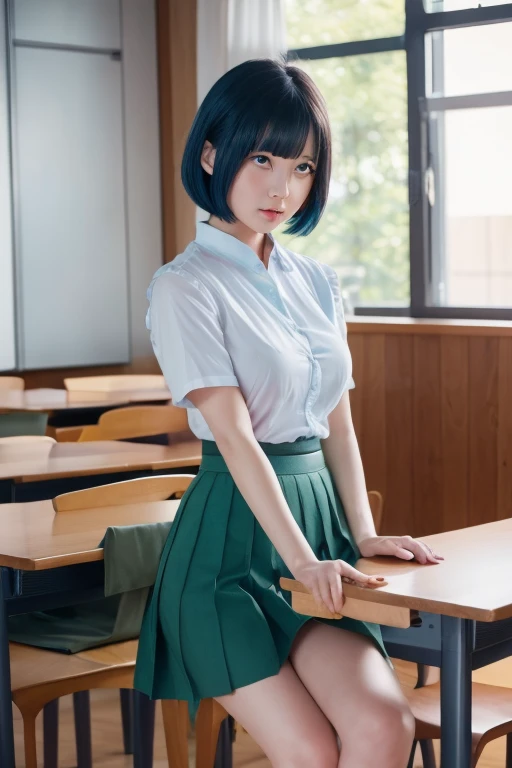 (masterpiece, highest quality, highest quality, Official Art, beautifully、aesthetic:1.2), (One girl),Upper Body, Very detailed,(Fractal Art:1.3),colorful,Most detailed, ichikanakano, ichika nakano, short hair, bangs, blue eyes, Hair between the eyes, Light blue hair, Ripping a skirt, shirt, , white shirt, Short sleeve, Pleated skirt, shoes, collared shirt, 裸feet, detailed feet, Toes, feet, sweater, Green Skirt, loafers, Waist clothes, BREAK Watch Viewers, Take a break indoors, classroom, pov from feet, (masterpiece:1.2), highest quality, High resolution, unity 8k wallpaper, (figure:0.8), (Beautiful fine details:1.6), Very detailed顔, Perfect lighting, Very detailedCG, (Perfect hands, Perfect Anatomy),