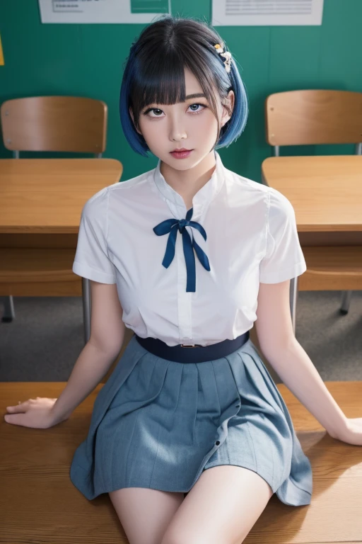 (masterpiece, highest quality, highest quality, Official Art, beautifully、aesthetic:1.2), (One girl),Upper Body, Very detailed,(Fractal Art:1.3),colorful,Most detailed, ichikanakano, ichika nakano, short hair, bangs, blue eyes, Hair between the eyes, Light blue hair, Ripping a skirt, shirt, , white shirt, Short sleeve, Pleated skirt, shoes, collared shirt, 裸feet, detailed feet, Toes, feet, sweater, Green Skirt, loafers, Waist clothes, BREAK Watch Viewers, Take a break indoors, classroom, pov from feet, (masterpiece:1.2), highest quality, High resolution, unity 8k wallpaper, (figure:0.8), (Beautiful fine details:1.6), Very detailed顔, Perfect lighting, Very detailedCG, (Perfect hands, Perfect Anatomy),
