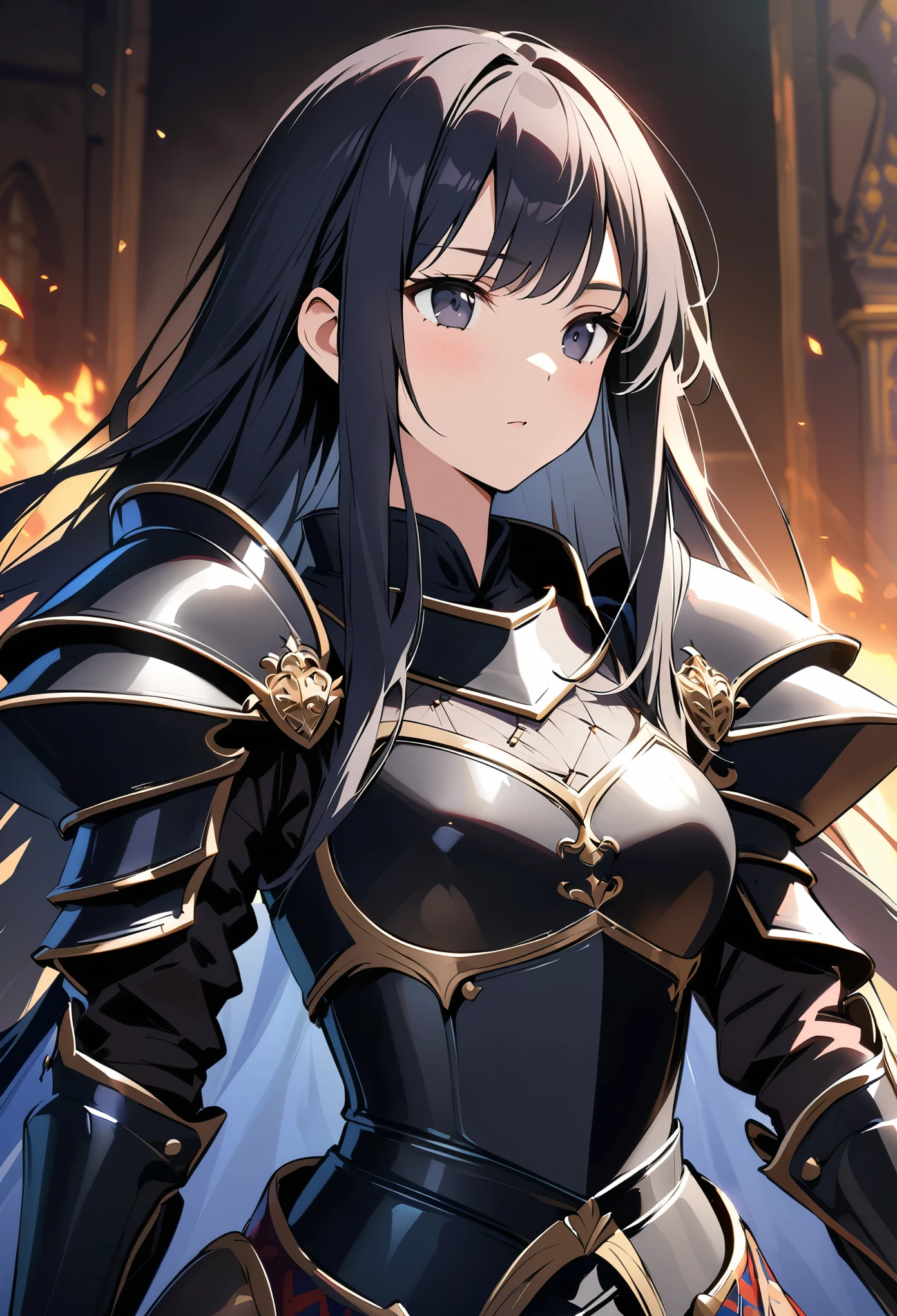 Beautiful woman, dark fantasy, black full armor, black full face, big breasts,